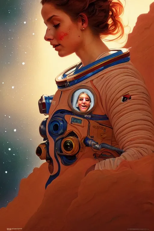 Prompt: beautiful portrait of a female astronaut on mars, face painting, dramatic lighting, intricate, wild, highly detailed, digital painting, artstation, concept art, smooth, sharp focus, illustration, art by artgerm and greg rutkowski and alphonse mucha, footage from space camera