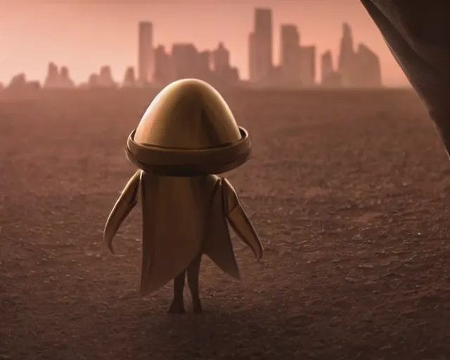 Prompt: closeup of an alien wearing a long flowing cloth shirt over stylish large futuristic golden plate armor walking to a tall alien city!! in the background, night sky with stars, light fog, beautiful colorful, anamorphic movie still