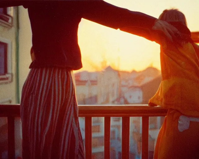 Image similar to lomo photo of pair standing on small hrushevka balcony full with cigarette smoke in small russian town looking at sunset, cinestill, bokeh