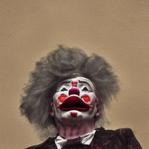 Image similar to uhd closeup of a sad clown on sitting a ledge eating ice cream in the style of tonalism