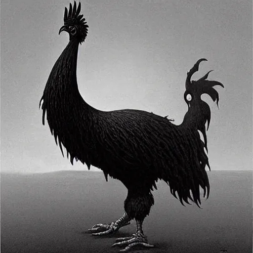 Image similar to big black rooster as a giant monster, creepy!!!, sharp teeth, gory, zdzisław beksinski, keith thompson, terrifying!!!