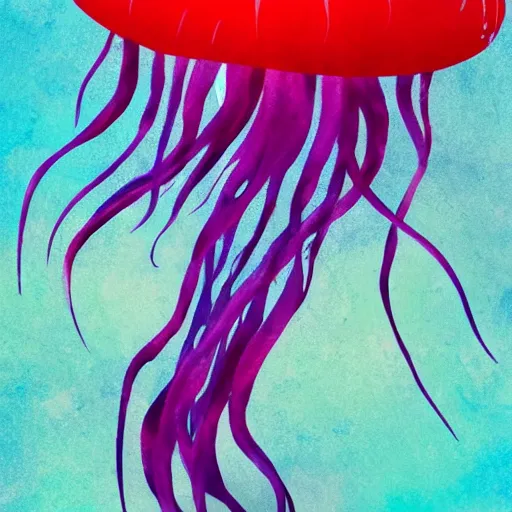 Image similar to fantasy red jellyfish swiming in blue waters, artstation, beautiful, colorful