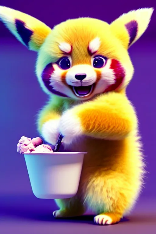 Image similar to high quality 3 d render hyperrealist very cute pastel fluffy! red panda & kaola hybrid eating giant ice cream full body, vray smooth, in the style of detective pikachu, hannah yata charlie immer, very dramatic violet light, low angle, uhd 8 k, shallow depth or field