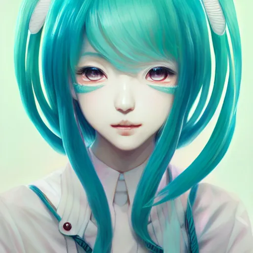 Image similar to portrait of hatsune miku, intricate, elegant, highly detailed, digital painting, artstation, concept art, smooth, sharp focus, illustration, by bartek fedyczak, erak note, tooth wu, neil richards, kan liu, siwoo kim, jisu choe