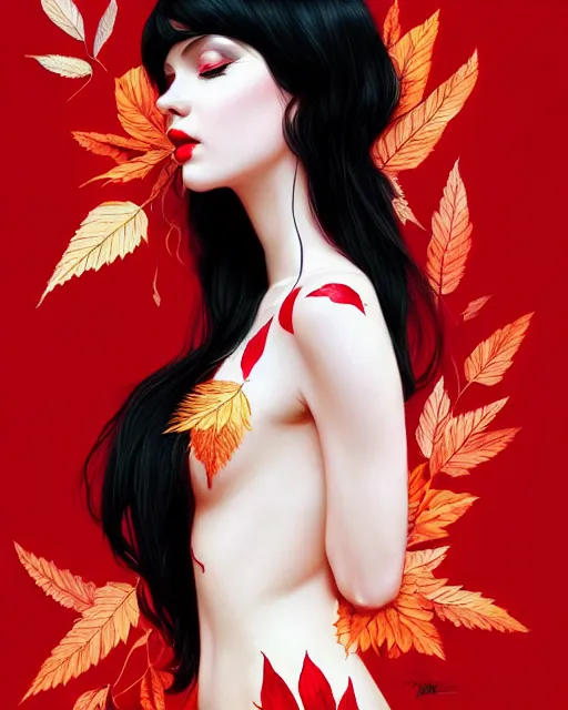 Image similar to highly detailed beautiful pale skin hippie, black hair, flying leaves on backround, symmetrical, red lips, paint by ilya kuvshinov and anna dittman trending on artstation, intricate details, energetic composition, golden ratio, concept art, illustration, elegant art