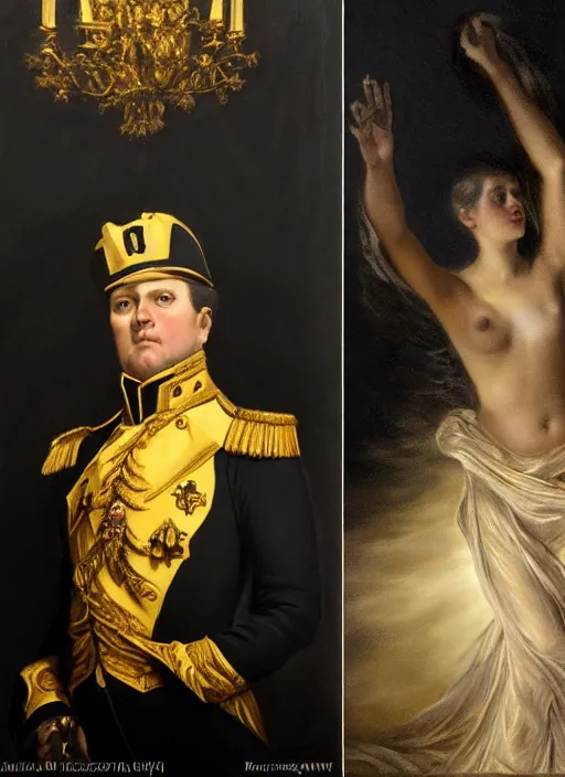 Image similar to highly detailed oil painting | very intricate | cinematic lighting | black, white and gold color scheme, dark background | emperor napoleon by alexander mcqueen | by roberto ferri, by tom bagshaw, by singer sargent and klimt, american romanticism, occult art | by austin osman spare, artstation, cgsociety, official art, octane