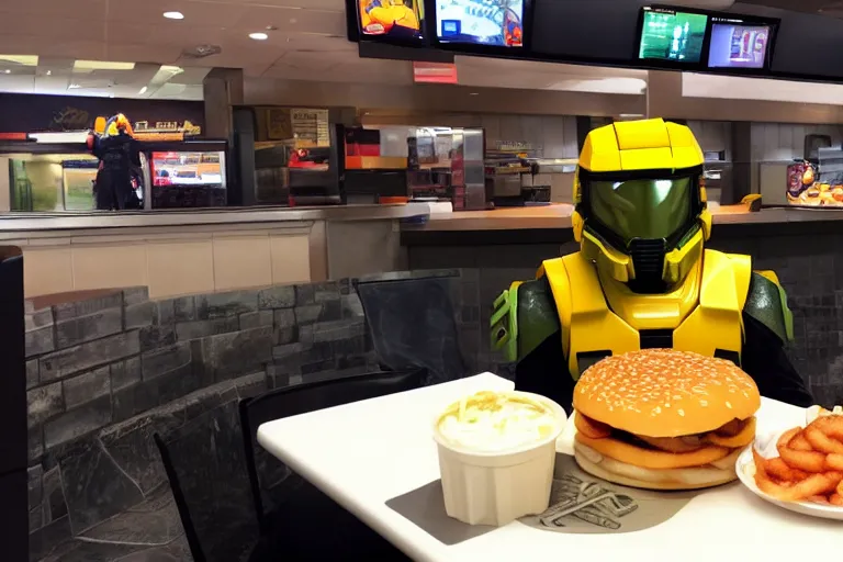 Image similar to master chief at mcdonalds