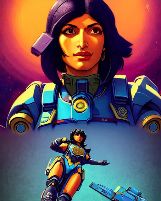 Image similar to pharah from overwatch, battletech, character portrait, portrait, close up, concept art, intricate details, highly detailed, vintage sci - fi poster, retro future, vintage sci - fi art, in the style of chris foss, rodger dean, moebius, michael whelan, and gustave dore