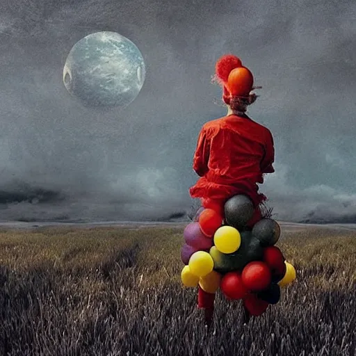 Image similar to a surreal and fantastic vision of the end of the world, dreamed by a sad clown