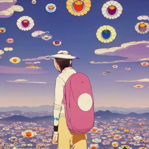 Image similar to a man walking on clouds away from the camera above kyoto by takashi murakami, beeple and james jean, aya takano color style, 4 k, super detailed, modern, 4 k, symmetrical