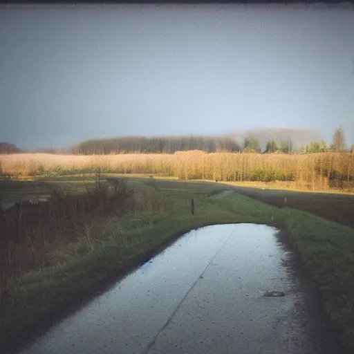 Image similar to Beautiful cameraphone, soft liminal Photograph of an estate road, early morning, small flat lake in the background