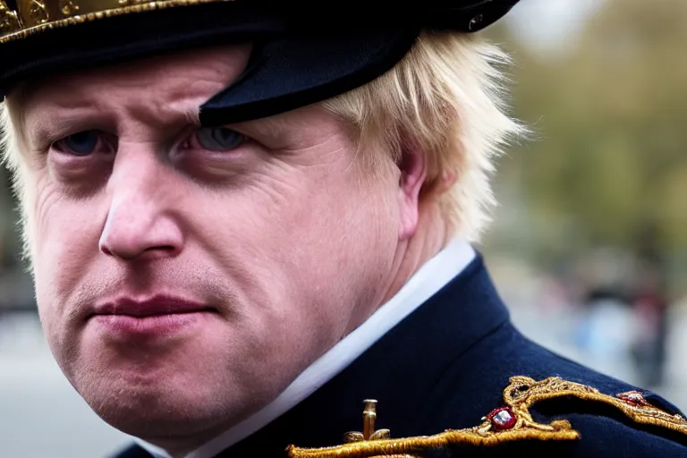 Image similar to closeup portrait of boris johnson dressed as a queen's guard firing a musket in a london street, natural light, sharp, detailed face, magazine, press, photo, steve mccurry, david lazar, canon, nikon, focus