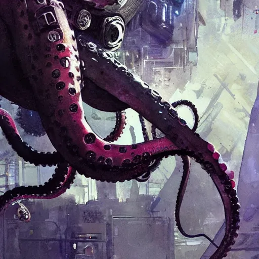 Image similar to octopus on a space station, cyberpunk, realistic, detailed, Industrial Scifi, paint, watercolor, in the style of Ashley Wood and Wadim Kashin