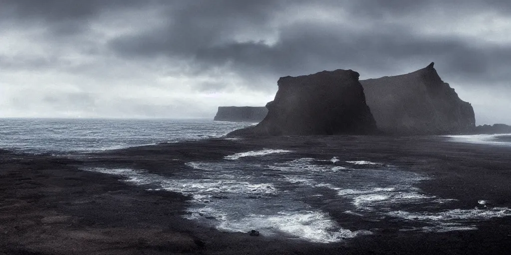 Image similar to icelandic coast. black sand. dramatic sky. cinematic. intricate. mist. low angle wide shot. highly detailed. matte painting in the style of craig mullins.