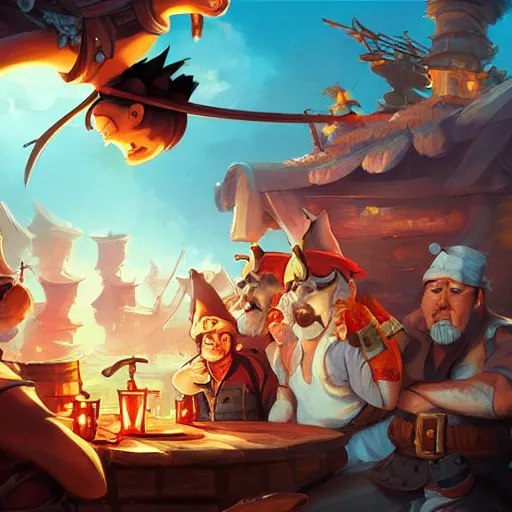 Image similar to Pirates in a tavern, cgsociety, fantasy art, 2d game art, concept art , ambient occlusion, bokeh, behance hd , concept art by Jesper Ejsing, by RHADS, Makoto Shinkai ,Cyril Rolando, face of characters by artgem and Greg rutkowski