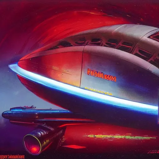 Prompt: a dark and colorful close - up of a sci - fi spaceship with led lights glowing fog in the background. highly detailed science fiction painting by norman rockwell, frank frazetta, and syd mead. rich colors, high contrast, gloomy atmosphere, dark background. trending on artstation