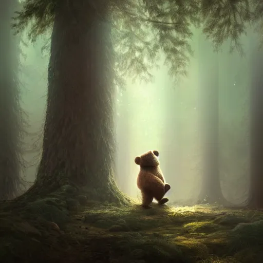 Image similar to a giant anthropomorphic bear singing on a stage in a forest, digital art, detailed face, highly detailed, calm, deviantart, art by greg rutkowski, artstation, natural lighting, dramatic