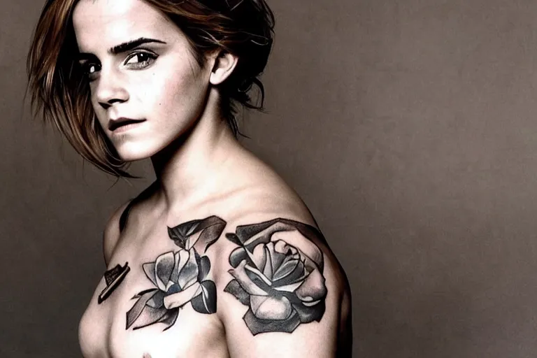 Image similar to emma watson, dope tattoo, hyperrealistic