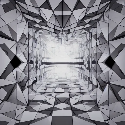Prompt: Room with several geometric shapes in endless dark cube with white contours. Realistic Concept Art photography