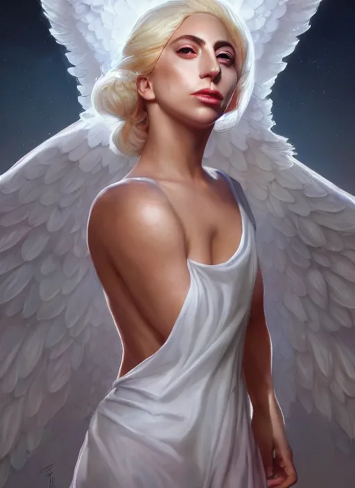 Image similar to cute lady gaga as a heavenly angel, anatomy, bathed in light, highly detailed, photorealistic, artstation, smooth, sharp focus, illustration, unreal engine 5, 8 k, art by artgerm and greg rutkowski and edgar maxence