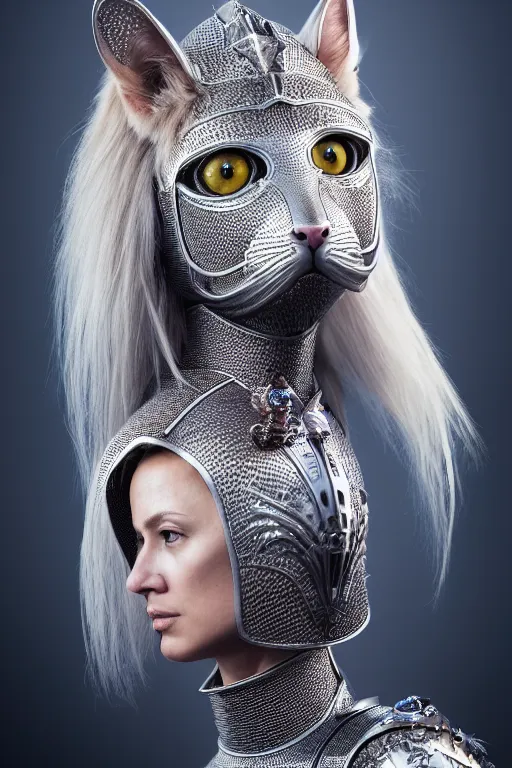 Image similar to female knight wearing a real cat on her head, armor designed by wayne barlowe, swarovski and tiffany, blonde hair, symmetry, sci - fi, cinematic, elegant, luxury, perfect light, perfect composition, dlsr photography, sharp focus, dark fantasy, 8 k, ultra hd, sense of awe, highly detailed, realistic, intricate