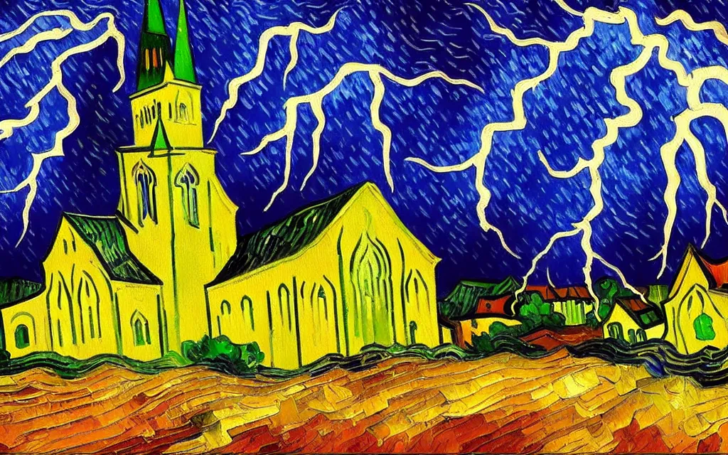 Image similar to expressionist oil painting by van gogh of lightning storm over a tall gothic church, landscape painting, expressionism, 8 k resolution, small brushstrokes, watercolor palette