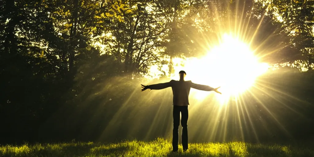 Image similar to a man is levitated by a sunbeam