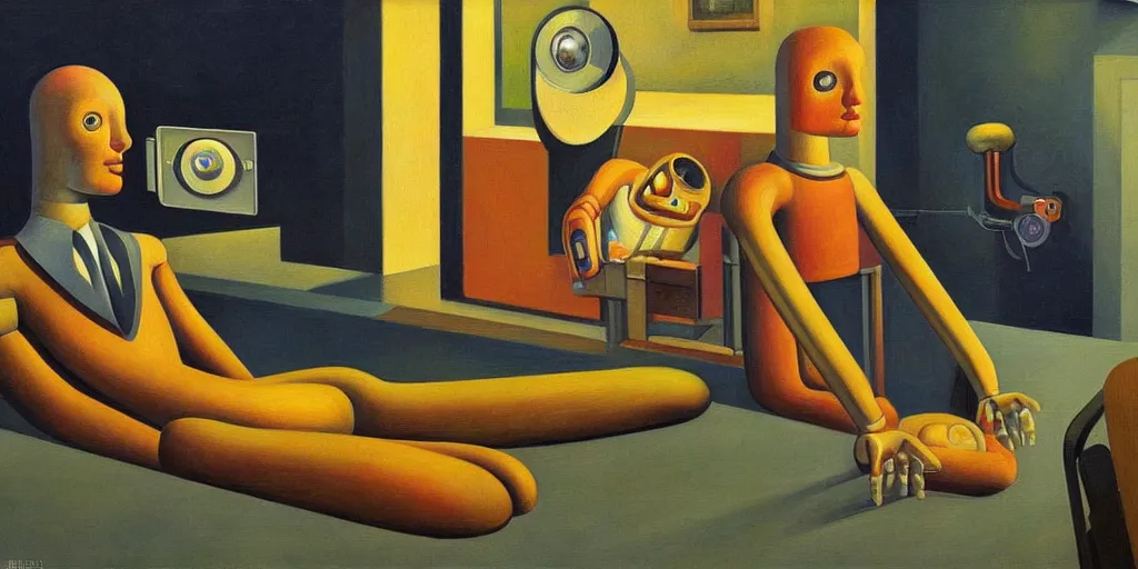 Image similar to super - intelligent robot with kind eyes portrait, lowbrow, pj crook, grant wood, edward hopper, oil on canvas