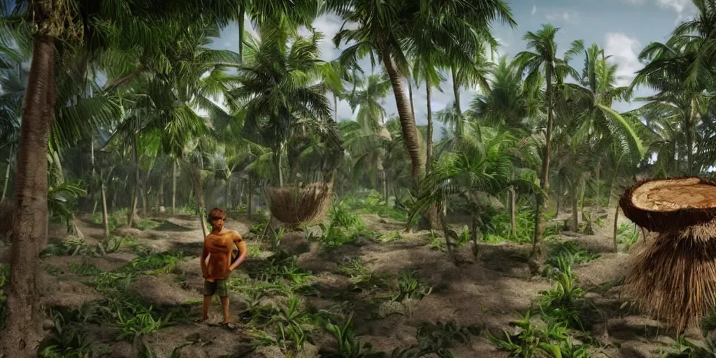 Prompt: if he cuts the tree, coconut, coconut, cartoon, cartoon, highly detailed vfx, cinematic, volumetric lighting,