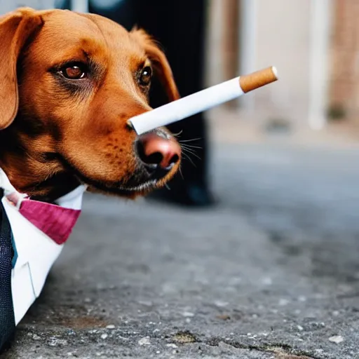 Image similar to a high detail closeup photograph of a dog wearing a suit 👔,and smoking a cigarrette🚬, award wining photograph