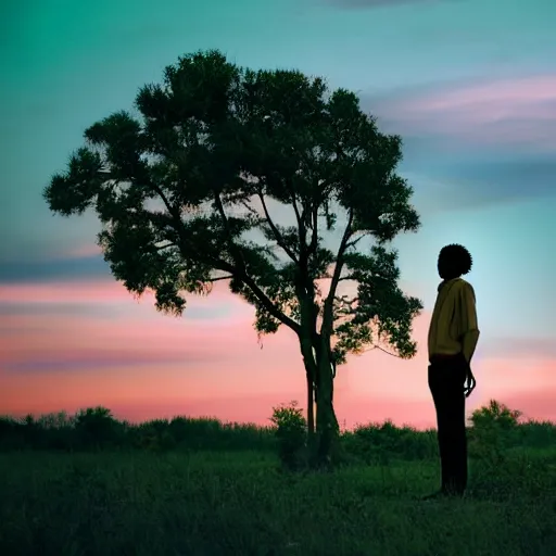 Image similar to dark skin man with curly hair, in the style of an anime film, standing alone in nature, sunset, backlit, contemplative, dreamy, pastel colors, youthful, fairylike