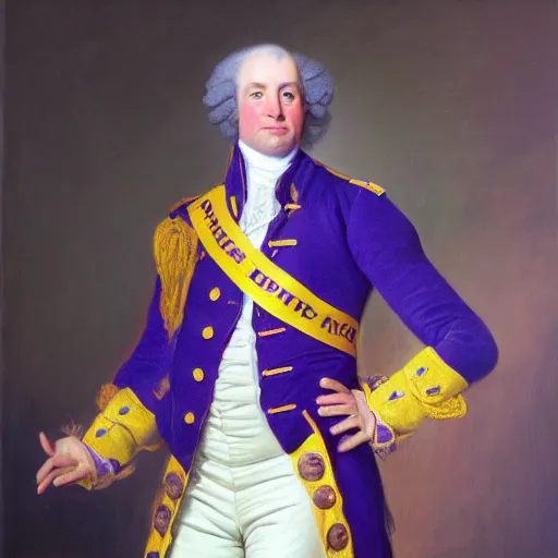 Prompt: official portrait of the los angeles lakers dictator, 1 7 8 0, in full lakers military garb. oil on canvas by william sidney mount, oil on canvas, octane render