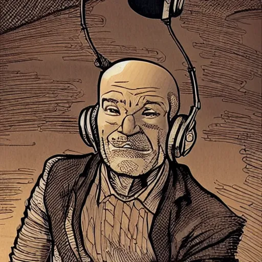 Image similar to drawn in the style of jean giraud!! rackham the red wearing headphones and speaking into big microphone, podcast studio