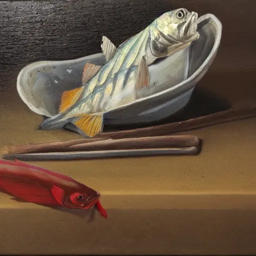 Prompt: a still life of a dead fish, oil painting