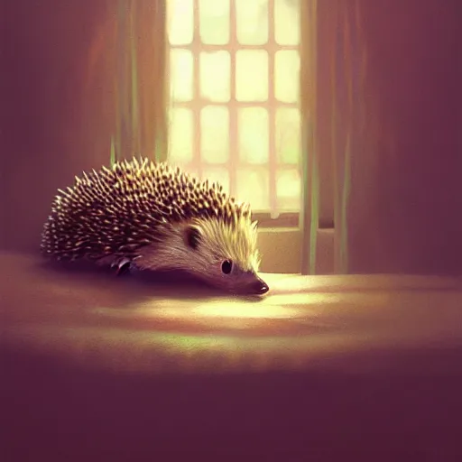 Image similar to photorealistic render of a hedgehog waking up in the morning, by wlop, artgerm, greg rutkowski, alphonse mucha, beautiful dynamic dramatic dark moody lighting, shadows, cinematic atmosphere, artstation, concept design art, octane render, 8 k