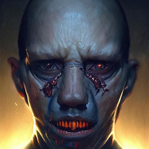 Image similar to a hyper realistic portrait painting of a half lizard half man, glowing eyes, creepy, backlight, horror vibe, real, realistic lighting in the style of greg rutkowski, trending on artstation,