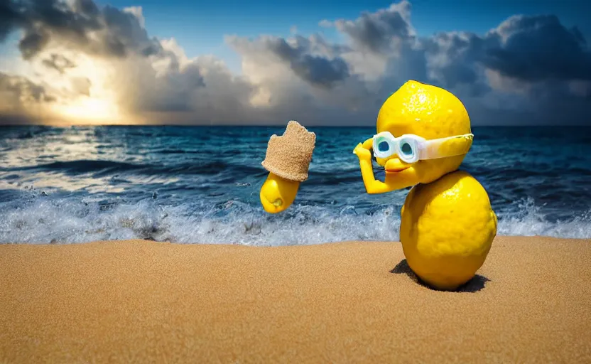 Image similar to 5 0 mm photograph, of a real anthropomorphic lemon character, fit, with lemon skin texture, it is wearing a hat and scuba diving, building a sandcastle on the beach at sunset, beach, huge waves, sun, clouds, tropical trees, rim light, cinematic photography, professional, sand, sandcastle, volumetric lightening