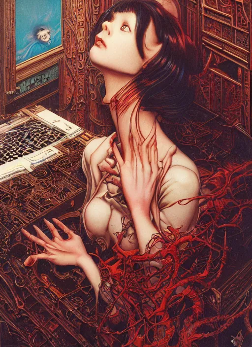 Prompt: realistic detailed image of a girl in an old soviet room with a sinister monster under the bed by Ayami Kojima, Amano, Karol Bak, Greg Hildebrandt, and Mark Brooks, Neo-Gothic, gothic, rich deep colors. Beksinski painting. art by Takato Yamamoto. masterpiece. ultra details, high quality, high resolution .