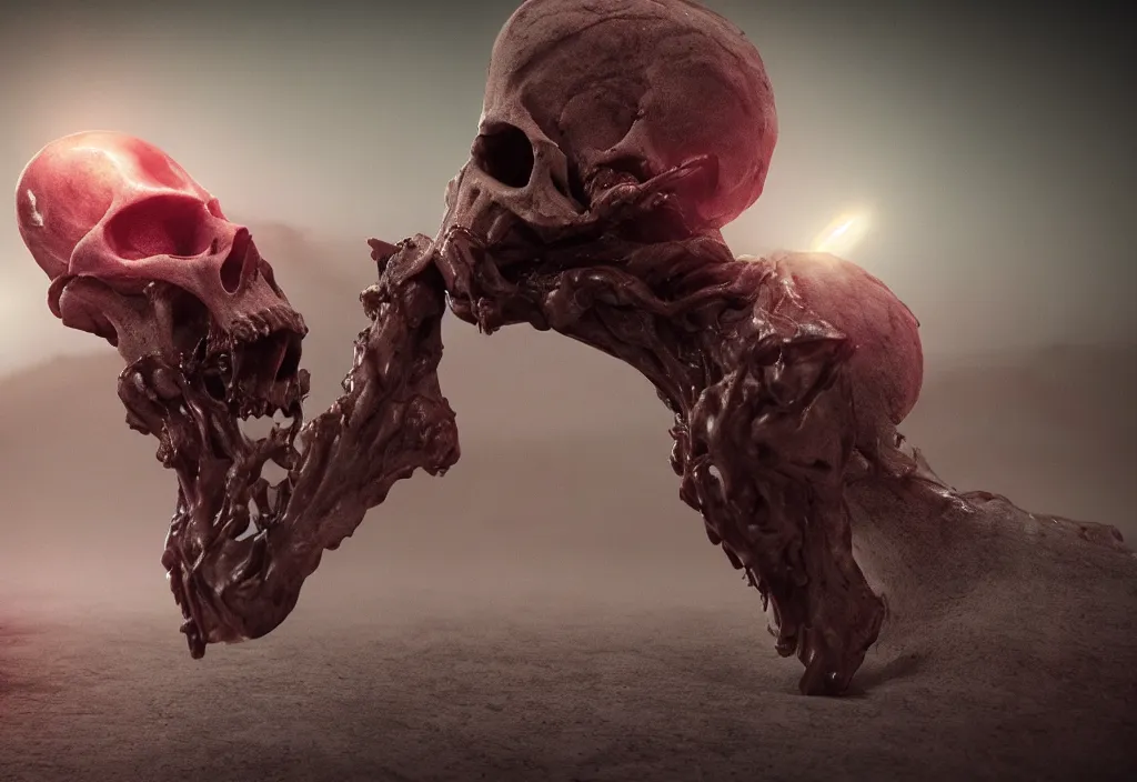 Prompt: eldritch alien skull un a dessert ir mars, cinematic lighting, octane tender, dark - art