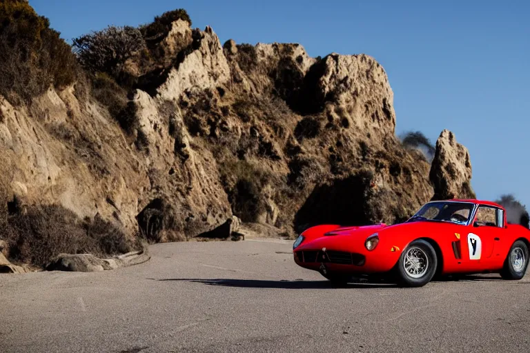 Image similar to cinematography of Ferrari 250 GTO series 2 on El Matador State Beach by Emmanuel Lubezki