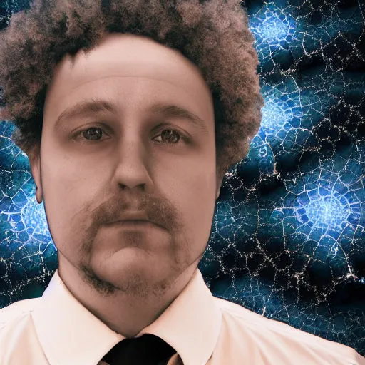 Prompt: dramatic matte portrait painting of man with black mandelbrot fractal instead of face