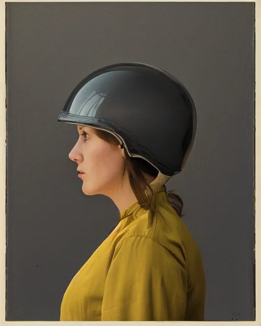 Prompt: a young woman's face in profile, looking up, aerodynamic glass helmet, in the style of the dutch masters and gregory crewdson, dark and moody