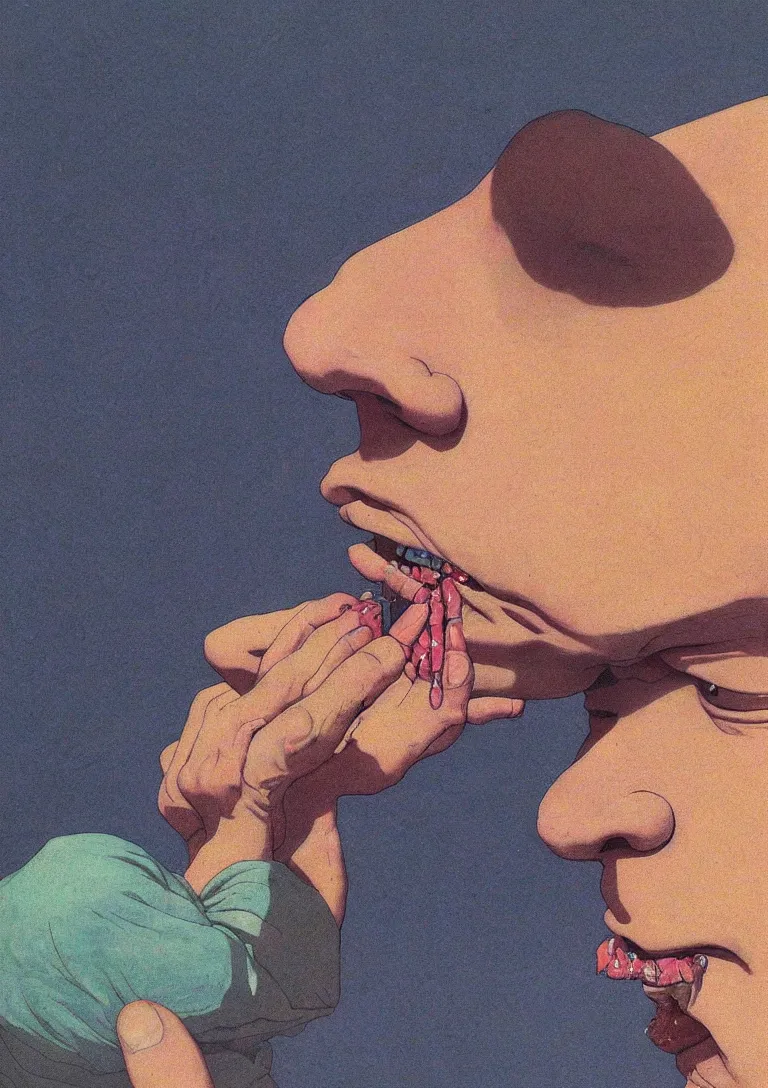 Prompt: a closeup portrait of a kind man licking a tab of LSD acid on his tongue and dreaming psychedelic hallucinations, by kawase hasui, moebius, Edward Hopper and James Gilleard, Zdzislaw Beksinski, Steven Outram colorful flat surreal design, hd, 8k, artstation