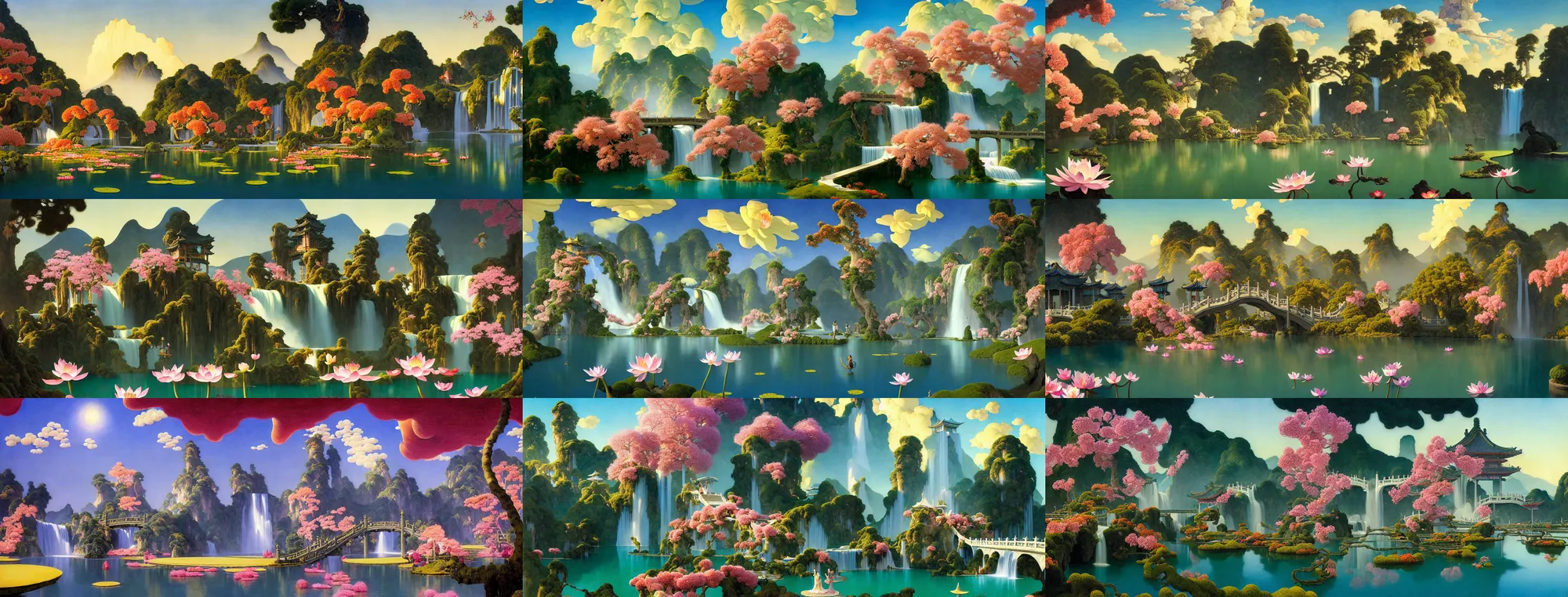 Image similar to a gorgeous painting by barlowe wayne, maxfield parrish and marco mazzoni. xanadu chinese temple on a platform that extends over a great waterfall, a huge tallest magnificent peach blossom tree glowing, bridge. azure. ultra clear detailed. 3 d, octane render. a lake full of lotus flowers, chinese cloud. 8 k.