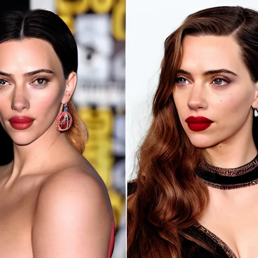 Image similar to a woman who is a genetic combination of kim kardashian and kat dennings and scarlett johansson and margot robbie and emma watson, face and upper - body focus