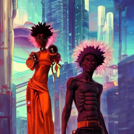 Prompt: afro - cyberpunk deities and their creations, gods and men, manifesting dreams with ancestral magic in a modern world | hyperrealistic oil painting | by makoto shinkai, ilya kuvshinov, lois van baarle, rossdraws, basquiat | afrofuturism, in the style of hearthstone, trending on artstation | dark color scheme