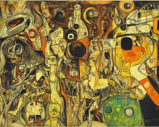 Prompt: a painting of a aliens and robots by graham sutherland, egon schiele, gustav klimt, guernica, expressionism