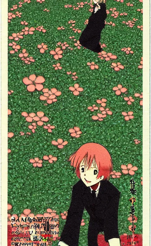 Prompt: by akio watanabe, manga art, clover trasported by the wind downhill, trading card front