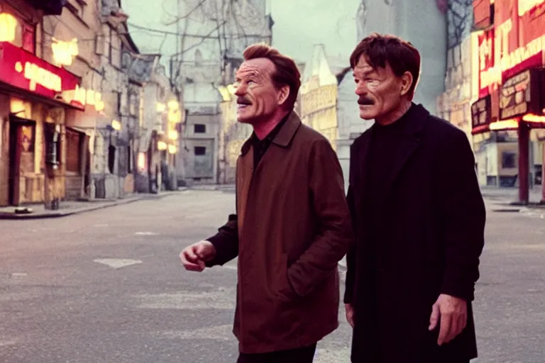 Prompt: film still of bryan cranston and jungkook in cosmic horror! the musical by david cronenberg, walking together, budapest street background, 3 5 mm film, atmospheric, ultra fine detail, film grain, photorealistic, hyperrealistic dramatic lighting