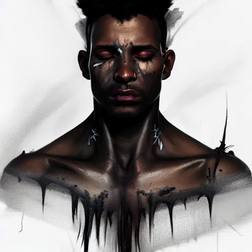 Prompt: portrait painting of a beautiful black man with blade scars and cropped hair wearing a tattered fancy black coat, ultra realistic, concept art, intricate details, eerie, highly detailed, photorealistic, octane render, 8 k, unreal engine. art by artgerm and greg rutkowski and charlie bowater and magali villeneuve and alphonse mucha